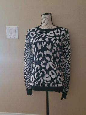 Express Black and White Leopard-Print Crewneck Sweater